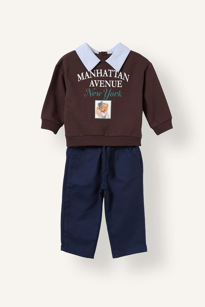 Bear Printed Collar Detailed Cotton 2-Piece Set Baby Boy I3306A526WN