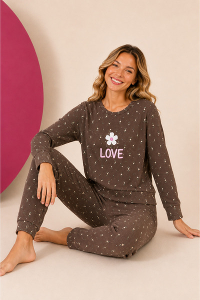 Waffle Knitted Long Sleeve Round Neck Cuff Detailed Embroidered Women's Pajama Set