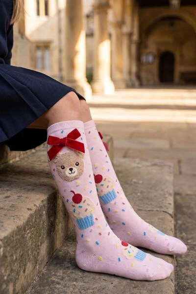 Girl's Cupcake Teddy Patterned Knee-Length School Socks