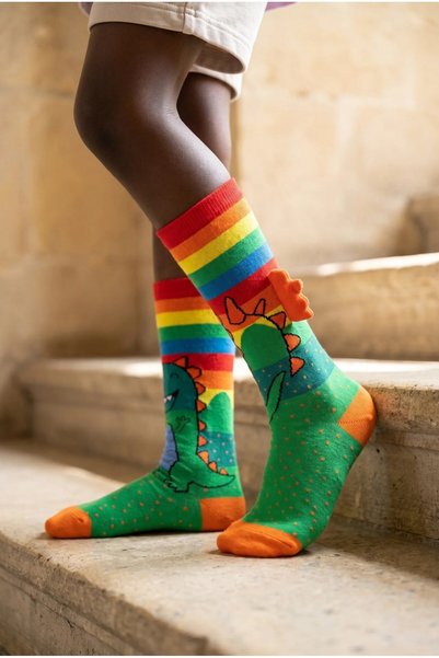 Children's dinosaur patterned multi-colored school socks with accessories