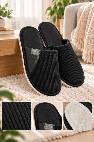 Unisex House Slippers Non-Slip Sole Ribbed Fabric Comfortable Model Stylish and Comfortable Indoor Slippers Semi-Leather