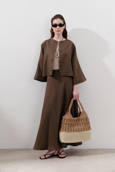 Linen Stitched Detail Skirt Dusty Brown