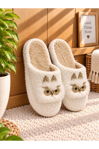 Owl Model Towel Women's House Slippers - Warm and Fluffy Slippers with Noise-Free Soles