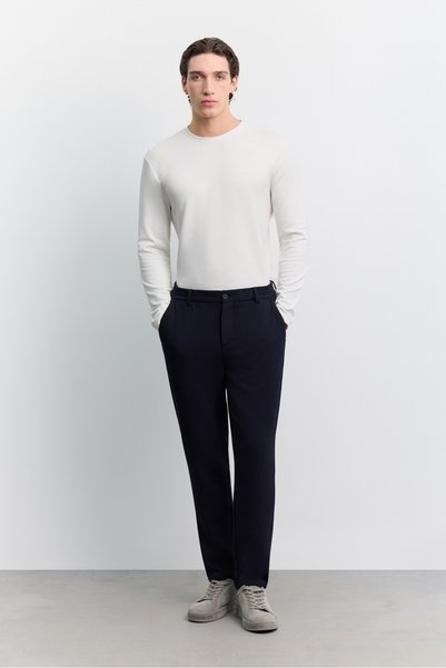 Men's Navy Blue Side Elasticated Ribbed Elastane Slim Fit Trousers A62Y3080
