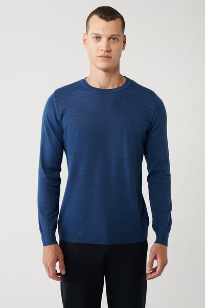 Men's Indigo Crew Neck Wool Blend Knitwear Regular Fit Sweater B005013