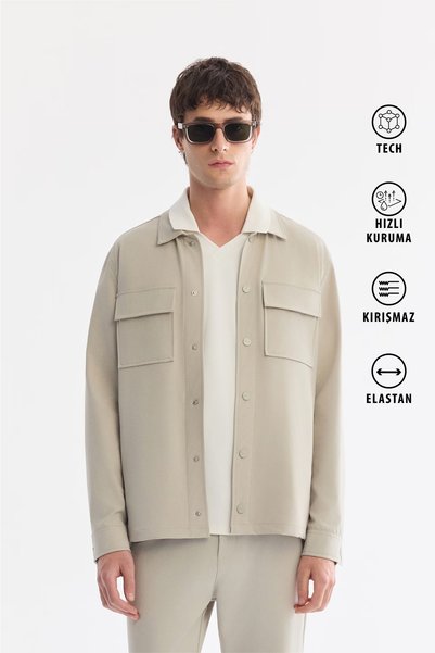 Men's Stone Classic Collar Technical Fabric Wrinkle-Free Comfort Fit Shirt Jacket A61Y2118