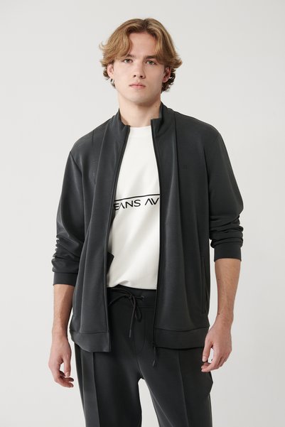 Men's Anthracite Stand Collar Printed Soft Touch Printed Regular Fit Sweatshirt A41Y1225