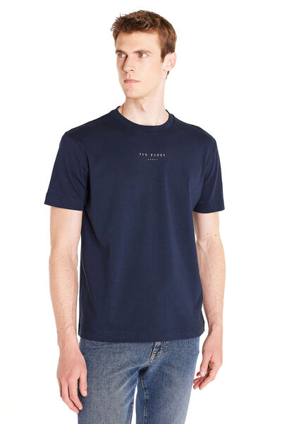 Dark Blue Logo Cropped T-Shirt with Bicycle Neckline and Short Sleeves