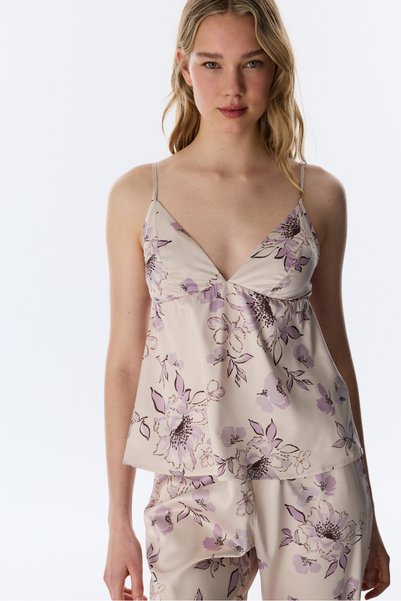 Pastel Beige Petal Satin Floral Athlete Pajama Top