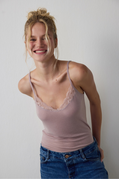 Beige Cashmere Blend Thin Strap Tank Top