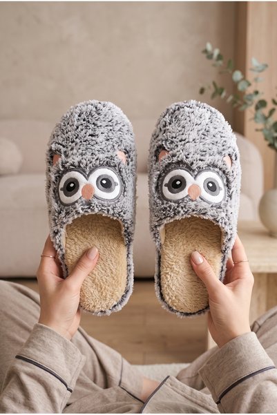 Women's Owl Patterned, Soft, Plush, Winter Indoor Slippers