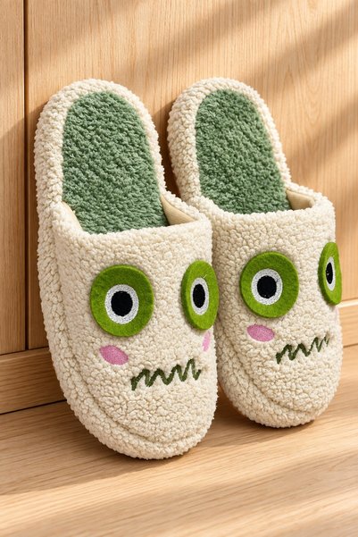 MONSTER Figured Towel Women's House Slippers - Warm Fluffy Slippers Non-Slip Sole