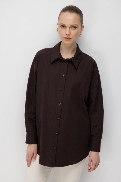 Bitter Brown Poplin Shirt with Piping Belt Detail