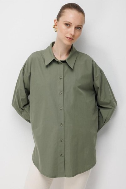 Khaki Poplin Shirt with Piping Belt Detail