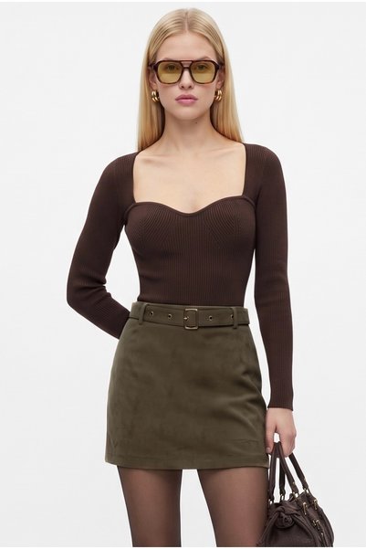 Women's Case Suede Textured Shorts Lined Belted Khaki Mini Skirt