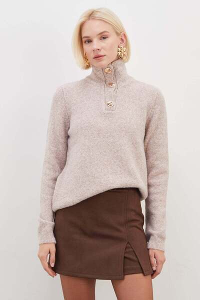 Half-Buttoned High-Neck Knitwear Sweater