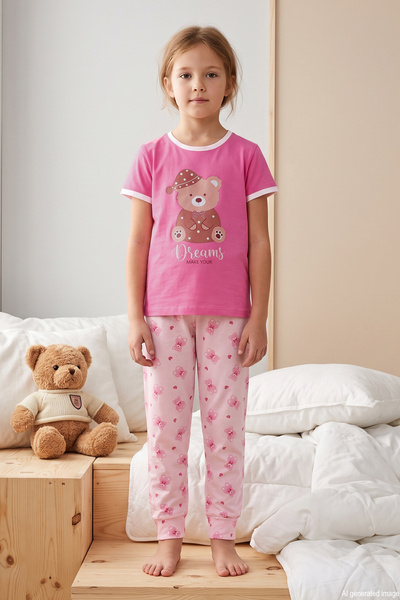 Girl's Short Sleeve Printed Combed Cotton Pajama Set 6510 Candy Pink