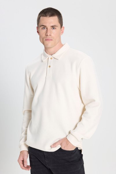 Regular Fit Regular Cut Polo Collar Ecru Sweatshirt