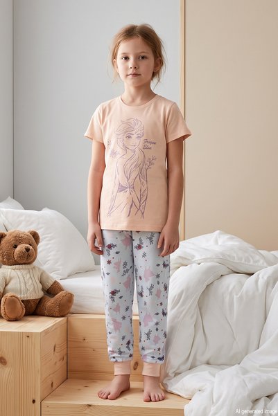 Girl's Short Sleeve Printed Combed Cotton Pajama Set 2612 Salmon