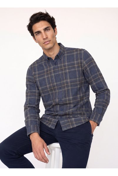 Navy Blue Men's Regular Fit Plaid Shirt W2620052