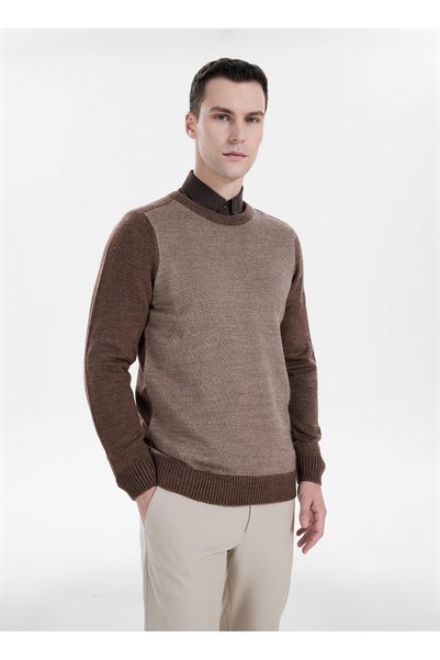 Brown Men's Crew Neck Jacquard Sweater Ace045271186