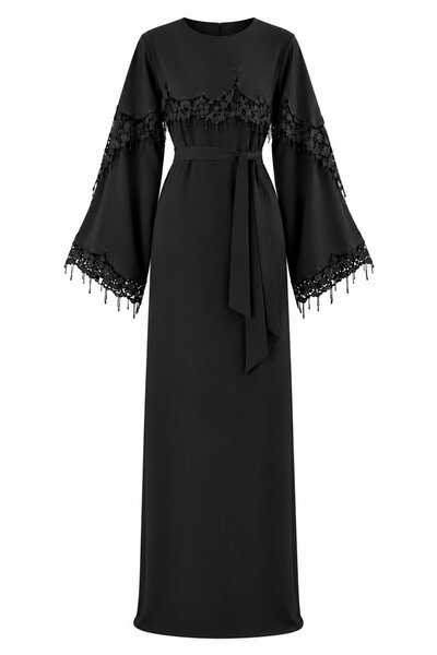 Black Satin Lace Long Dress - 4951