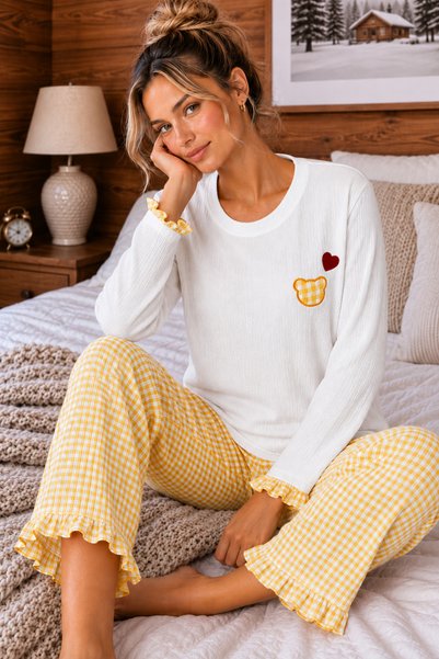Crinkle Knit Long Sleeve Plaid Pattern Ruffled Women's Pajama Set
