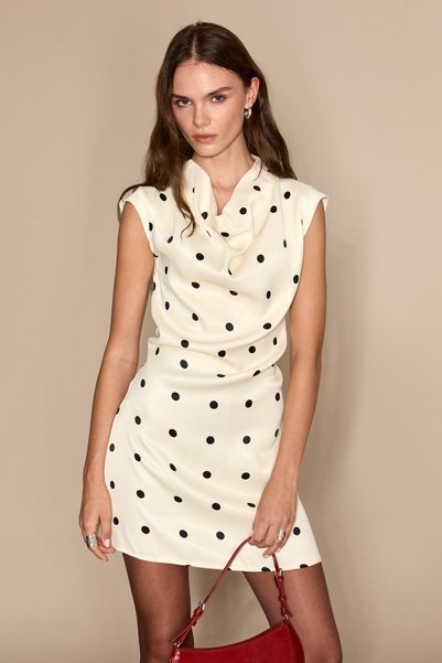Iselle Women's Degaje Collar Polka Dot Ecru Dress