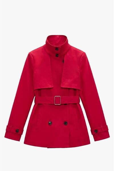 Red Windbreaker Detailed Belted Trench Coat