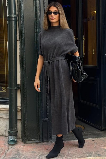 Smoked Half Bat Sleeve Stand Collar Belted Women's Knitwear Dress