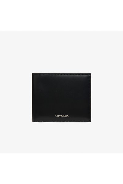 Men's Metallic Logo Embossed Genuine Leather Black Wallet with Banknote Compartment