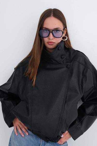 High Collar Faux Leather Jacket C02682