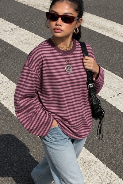 Women's Pink Purple Striped Crew Neck Oversize Sweatshirt