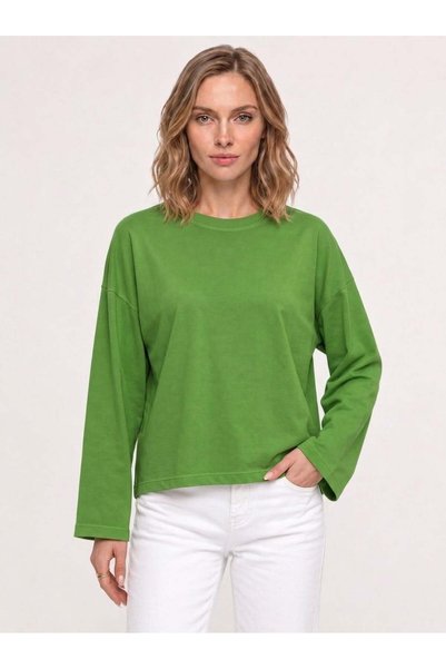 Women's 100% Cotton Crew Neck Long Sleeve T-Shirt Green