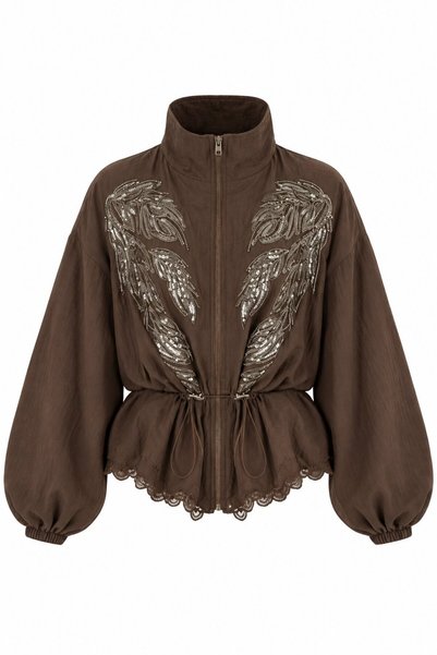 Brown Embroidered Stand Collar Jacket - 9773