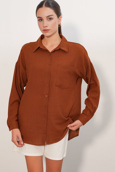 20153 Single Pocket Oversize Linen Shirt - A. Tile
