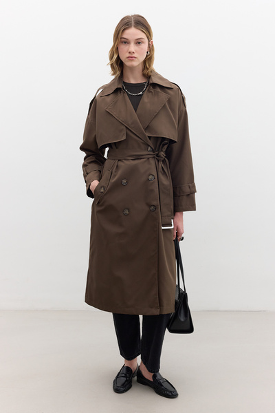 Buttoned K Double-Breasted Trench Coat Brown