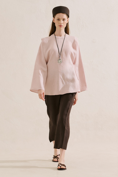 Linen Tie-Up Wide Sleeve Tunic Pink