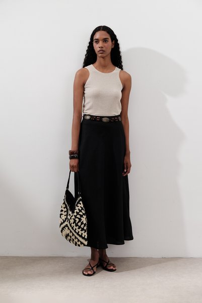 Linen Stitched Detail Skirt Black