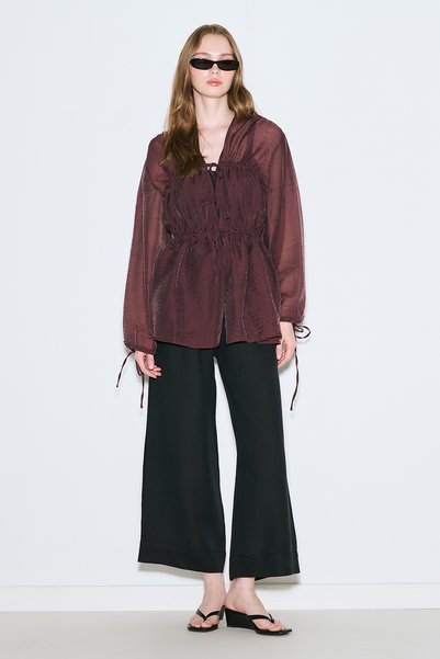 Gathered Tie-Up Blouse Burgundy