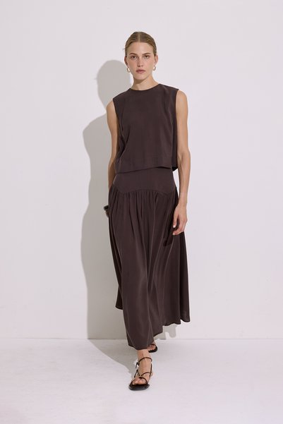 Modal Ruched Long Skirt Brown