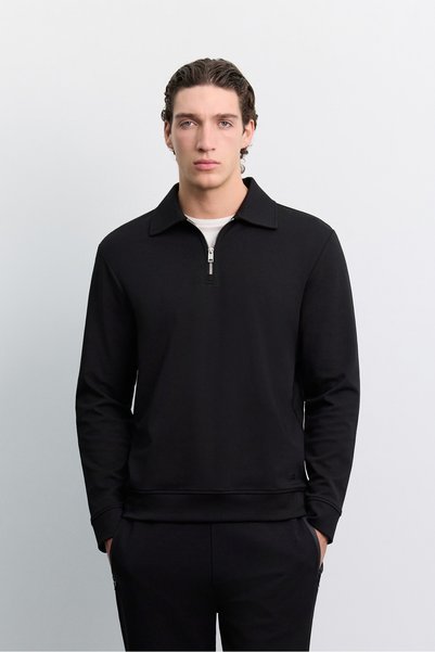 Men's Black Polo Collar Zippered Easy-Iron Regular Fit Sweatshirt A62Y1353