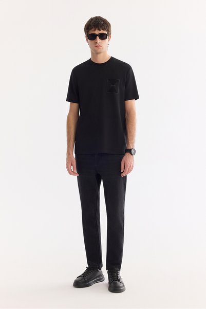 Men's Black Stone Washed Cotton Elastane Madrid Comfort Slim Fit Jean Trousers A61Y3510