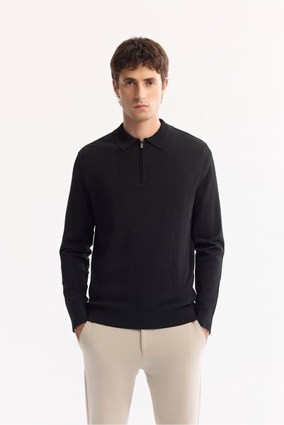 Men's Black Polo Neck Zippered Rayon Non-Pilling Textured Knitwear Regular Fit Sweater A52Y5019