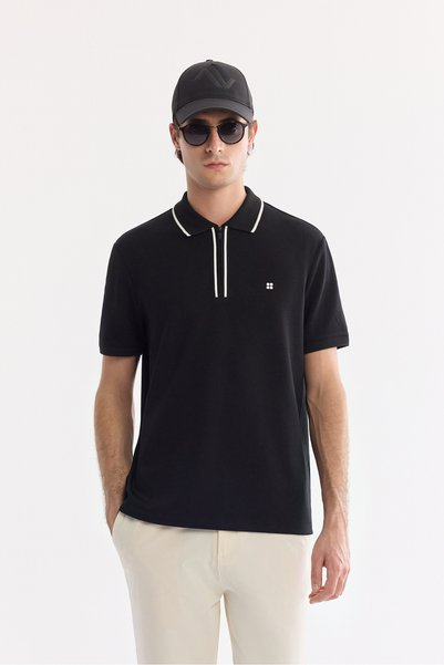 Men's Black Non-Curling Polo Collar Zippered Bi-Stretch Interlock Regular Fit T-Shirt A61Y1003