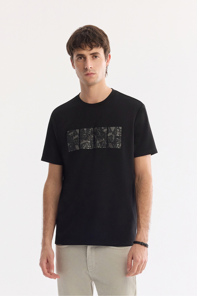 Men's Black Crew Neck Printed Bi-Stretch Interlock Regular Fit T-Shirt A61Y1144