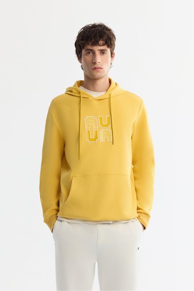 Men's Yellow Hooded Cotton Printed Elastane Regular Fit Sweatshirt A42Y1324