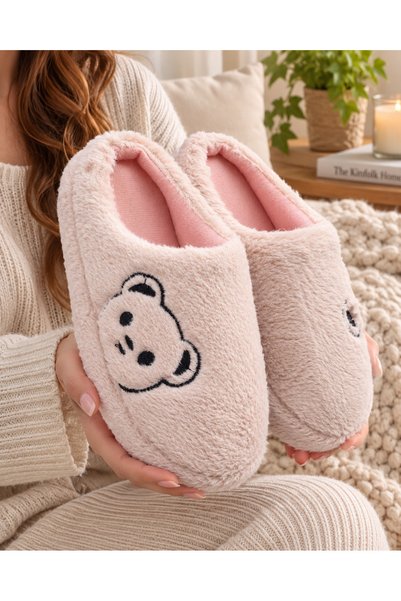 Fluffy Teddy Bear Patterned Women's Home Slippers Winter Wool Slippers Soundproof Wool Inside Daily Comfortable Slippers