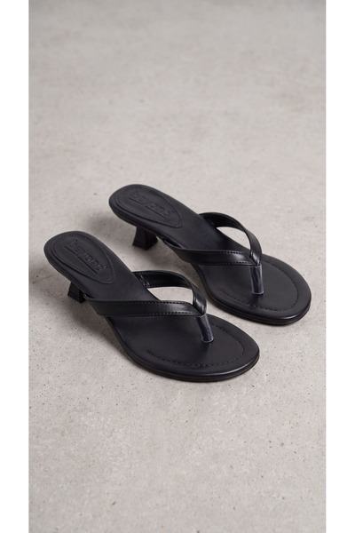 Women's Black Flip Flop Low Heel Leather Slippers 4 cm Byndprstyb08