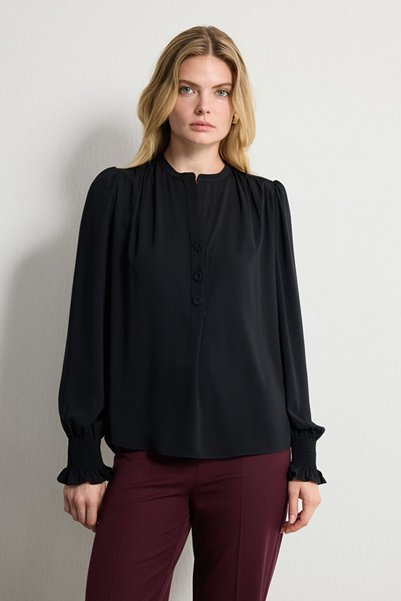 Black Long Sleeve Blouse with Drawstring Detail